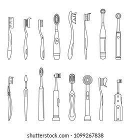 Electric toothbrush dental icons set. Outline illustration of 16 electric toothbrush dental icons for web