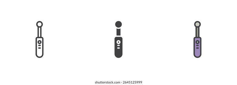 Electric toothbrush icon with bristle head shown in line, solid, and filled outline styles. Oral hygiene vector sign. Modern dental care clean icon pack.