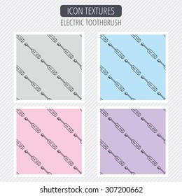 Electric toothbrush icon. Tooth cleaning sign. Diagonal lines texture. Seamless patterns set. Vector