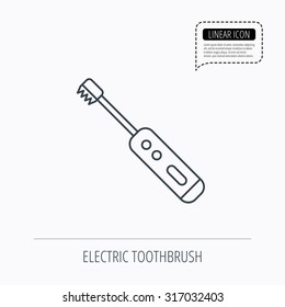 Electric toothbrush icon. Tooth cleaning sign. Linear outline icon. Speech bubble of dotted line. Vector