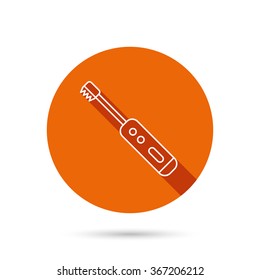 Electric toothbrush icon. Tooth cleaning sign. Round orange web button with shadow.