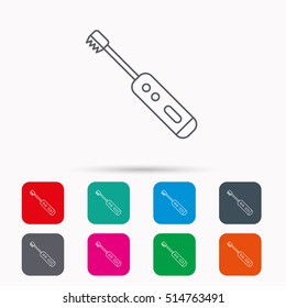 Electric toothbrush icon. Tooth cleaning sign. Linear icons in squares on white background. Flat web symbols. Vector