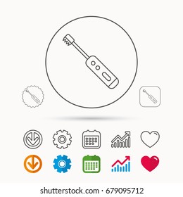 Electric toothbrush icon. Tooth cleaning sign. Calendar, Graph chart and Cogwheel signs. Download and Heart love linear web icons. Vector