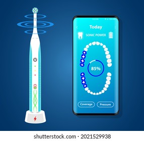 Electric toothbrush Illustration with vibrant brush and mobile dental app on the screen of phone set of toothbrushes, removable nozzles for hygiene product. Dentist equipment