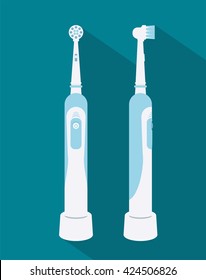 Electric Toothbrush isolated. Front and Side view. Long shadow design. Vector illustration