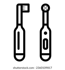 Elektrische Zahnbürste-Ikone, Internationales Zahnarzttagskonzept, Zahnradreinigungszeichen auf weißem Hintergrund, Elektrische Zahnbürste-Vorderseite und Seitenansicht-Symbol im Umriss-Stil. Vektorgrafik