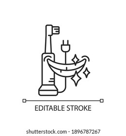 Icono lineal del cepillo de dientes eléctrico. Extracción de la acumulación de placa. Higiene dental. Limpiando dientes y encías. Ilustración personalizable de línea delgada. Símbolo de contorno. Dibujo de contorno aislado del vector. Trazo editable