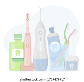 Cepillo de dientes eléctrico, pasta en un vaso, hilo, irrigador oral, toma de agua, enjuague bucal sobre fondo blanco. Conjunto plano de ilustraciones vectoriales de productos de higiene y herramientas de limpieza dental.