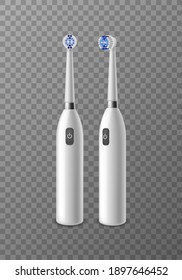 Electric toothbrush. Realistic dentistry accessory front and side view isolated on transparent background, white electrical toothbrushes daily morning mouth hygiene, dental care vector illustration