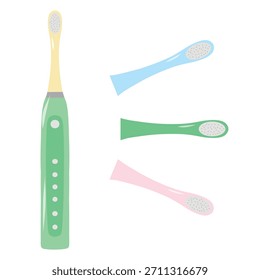 Cepillo de dientes eléctrico con cabezales de repuesto. Cepillo de dientes recargable y accesorios, Vector. Conjunto de cepillo eléctrico, ilustración de cabeza de reemplazo