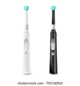 Electric Toothbrush Set Vector. Realistic Classic Tooth Brush Mock Up For Branding Design. Black And White. Isolated On White Illustration.
