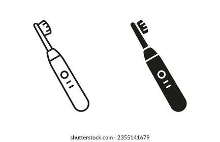 Electric Toothbrush Silhouette and Line Icon Set. Tooth Care Symbol. Daily Oral Hygienic Sign. Dental Hygiene Electrical Accessory Black Pictogram Collection. Isolated Vector Illustration.