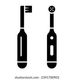 Icono sólido del cepillo de dientes eléctrico, concepto del día internacional del dentista, signo de limpieza dental sobre fondo blanco, Icono de la vista frontal y lateral del cepillo de dientes eléctrico en estilo glifo. Gráficos vectoriales