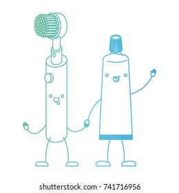 electric toothbrush and toothpaste holding hands in degraded green to blue color contour vector illustration