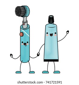 electric toothbrush and toothpaste holding hands in colored crayon silhouette vector illustration