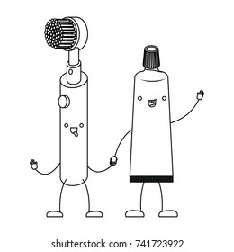 electric toothbrush and toothpaste holding hands in monochrome silhouette vector illustration