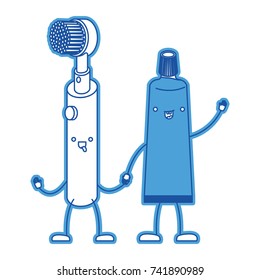 electric toothbrush and toothpaste holding hands in blue silhouette vector illustration