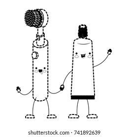 electric toothbrush and toothpaste holding hands in black dotted silhouette vector illustration