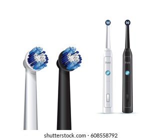 Electric toothbrush. Vector illustration of realistic brush and whole electric toothbrushes on white background.