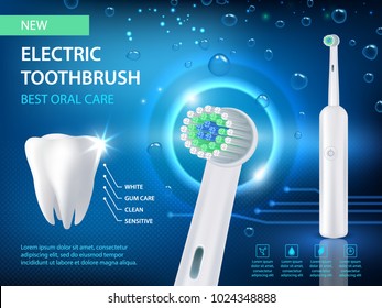 Electric toothbrush vector realistic illustration. New electric toothbrush best oral care ad poster.