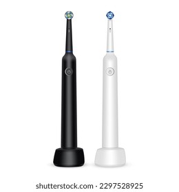 Electric Toothbrushes With Chargers, Black, White Mockup, Isolated on White Background. Vector Illustration