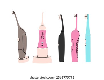 Electric toothbrushes vector set. Dentistry concept, oral care. Different toothbrushes designs. Teeth cleaning accessories. Colorful vector set isolated on a white background