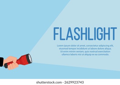 Elektrische toorts illustratie met led-straal en lichtbron voor nood en vector achtergrond met zoek en vind thema heldere apparatuur schaduw batterij en verken faq lay-out

