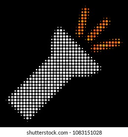 Electric torch light halftone vector icon. Illustration style is pixel iconic electric torch light symbol on a black background. Halftone structure is made with spheric points.