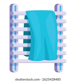 Electric towel dryer drying blue towel after shower, modern bathroom equipment for comfortable life