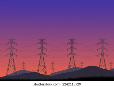 Electric tower against sunset. Electric pylons. High voltage pole. Power transmission tower Vector Illustration.