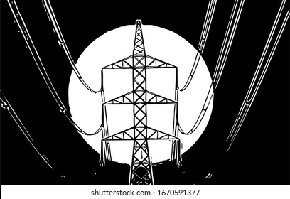 electric tower, Black and white vector, landscape nature, for print, background and other,   T shirt screen printing, t shirt, t shirt design, screen printing, screen print 
