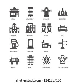 Electric tower, Car, Trash, Bridge, , Store, Building, Gas station, Ferris wheel, Hotel, Hydrant icon 16 set EPS 10 vector format. Icons optimized for both large and small resolutions.