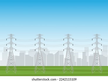 Electric tower in a field against blue sky. Electric pylons. High voltage pole. Power transmission tower Vector Illustration.