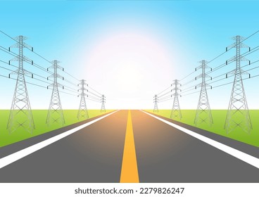 Electric Tower in a field against blue sky. Electric pylons. Electric Power Transmission. High Voltage Pylon. Vector Illustration.