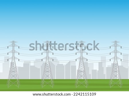 Electric tower in a field against blue sky. Electric pylons. High voltage pole. Power transmission tower Vector Illustration.