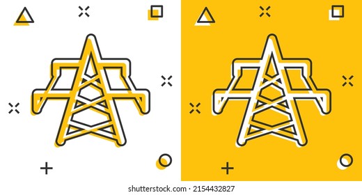 Electric tower icon in comic style. Power station cartoon vector illustration on white isolated background. High voltage splash effect sign business concept.