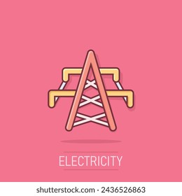 Electric tower icon in comic style. Power station cartoon vector illustration on isolated background. High voltage splash effect sign business concept.