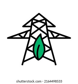 Electric Tower With Leaf Icon. Editable Bold Outline With Color Fill Design. Vector Illustration.