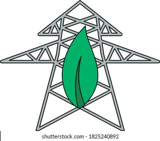 Electric Tower With Leaf Icon. Outline With Color Fill Design. Vector Illustration.