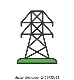 Electric tower, in line design, green. Electric tower, Power transmission, High voltage, Electrical grid, Transmission line on white background vector. Electric tower editable stroke icon.