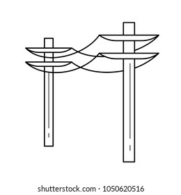 Icono de línea vectorial de la línea de torre eléctrica aislado en fondo blanco. Icono de línea de polo eléctrico de alta tensión para infografía, sitio web o aplicación.