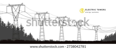 Electric tower. Lines of electricity transfers on a white. High electric tower. High-voltage poles with wires go away into the horizon. Electric poles. Production of sustainable energy concept.