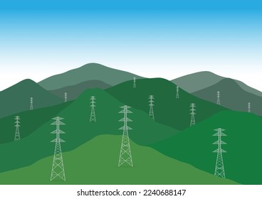 Electric tower on a mountain. Electric pylons. High voltage pole. Power transmission tower Vector Illustration.