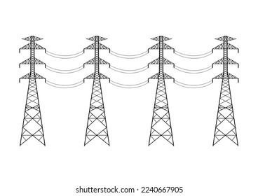 Electric tower. Electric pylons. High voltage pole. Power transmission tower. Isolated on White Background. Vector Illustration. 