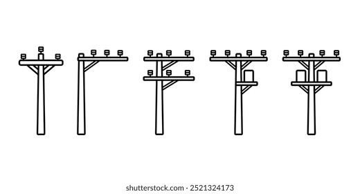 Conjunto de ícones de linha fina da torre elétrica. Polo de energia, elétrico e pylon de eletricidade, torre de ferro ou concreto, transmissão, estação, construção, símbolo de ícone de projeto de distribuição de energia. Ilustração vetorial