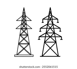 Conjunto de ícones de linha fina da torre elétrica. Polo de energia, elétrico, e símbolo ícone de pilone de eletricidade. Ilustração vetorial