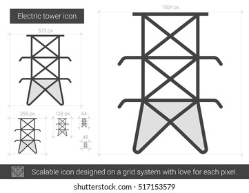 Icono de línea vectorial de torre eléctrica aislado en fondo blanco. Icono de línea de torre eléctrica para infografía, sitio web o aplicación. Icono escalable diseñado en un sistema de cuadrícula.