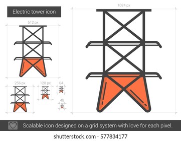 Elektrische Turm-Vektorsymbol einzeln auf weißem Hintergrund. Elektrisches Turmliniensymbol für Infografik, Website oder App. Skalierbares Symbol, das auf einem Gittersystem entworfen wurde.