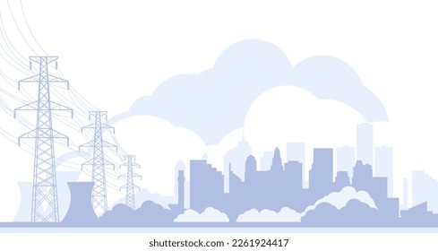 Electric towers and city skyline, high voltage power line pylons, town power supply, vector