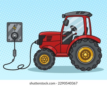 Electric tractor being charged from socket pinup pop art retro vector illustration. Comic book style imitation.